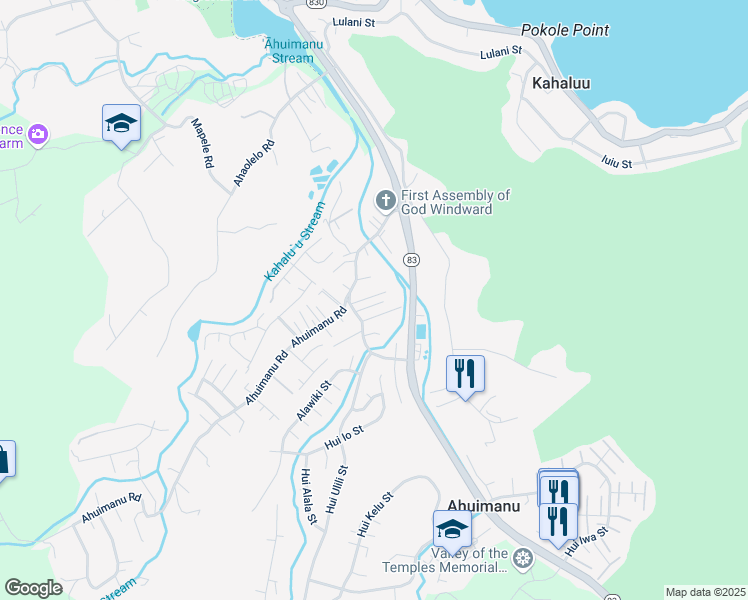 map of restaurants, bars, coffee shops, grocery stores, and more near 47-412 Ahuimanu Place in Kaneohe
