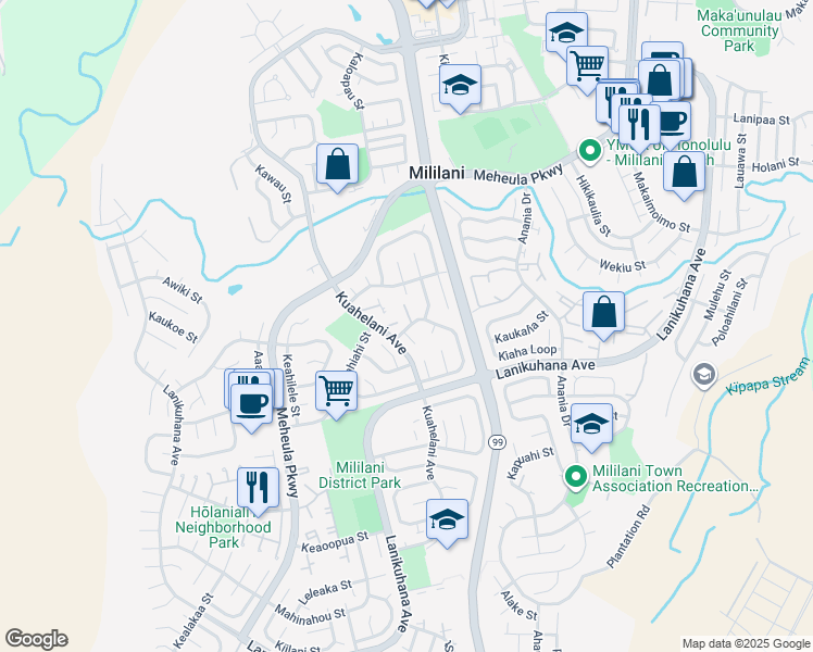 map of restaurants, bars, coffee shops, grocery stores, and more near 94-466 Hakalauai Place in Mililani