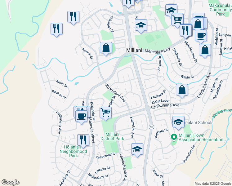 map of restaurants, bars, coffee shops, grocery stores, and more near 94 Kuahelani Avenue in Mililani