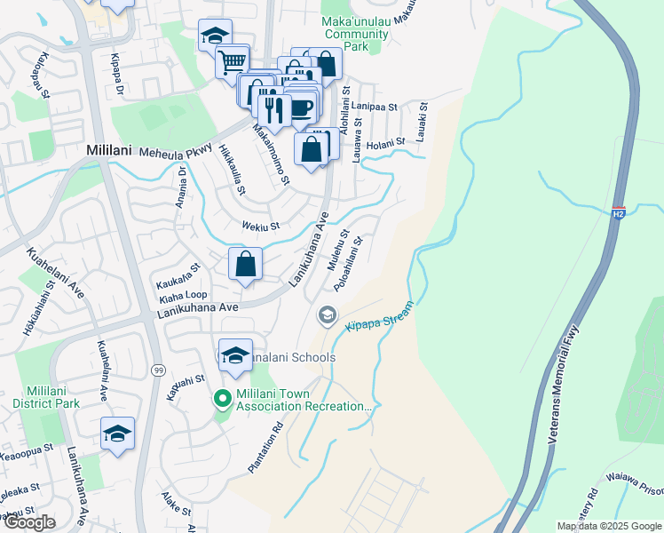 map of restaurants, bars, coffee shops, grocery stores, and more near Mulehu Street in Mililani