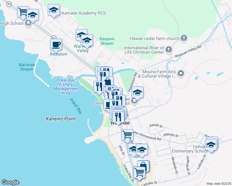 map of restaurants, bars, coffee shops, grocery stores, and more near 85-824 Lihue Street in Waianae