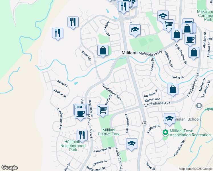 map of restaurants, bars, coffee shops, grocery stores, and more near 94-017 Kaweo Place in Mililani