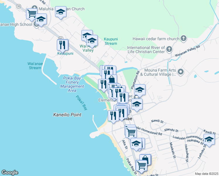 map of restaurants, bars, coffee shops, grocery stores, and more near 85-802 Farrington Highway in Waianae