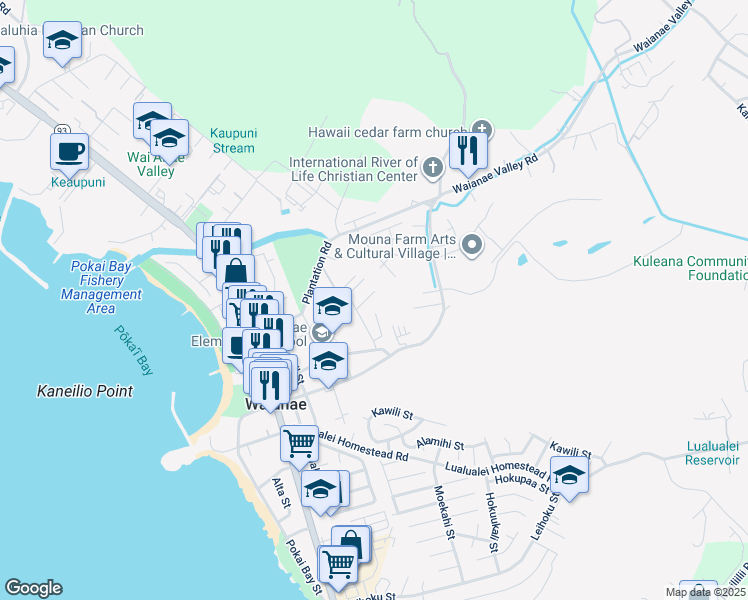 map of restaurants, bars, coffee shops, grocery stores, and more near 85-329 Alohiki Street in Waianae