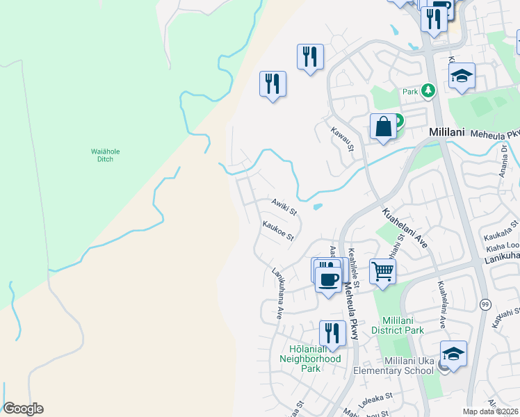 map of restaurants, bars, coffee shops, grocery stores, and more near 95-410 Opo Place in Mililani
