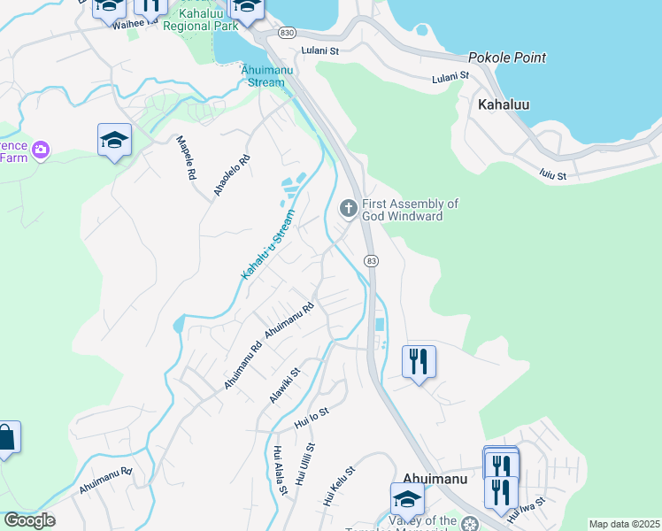 map of restaurants, bars, coffee shops, grocery stores, and more near 47-368 Ahuimanu Road in Kaneohe