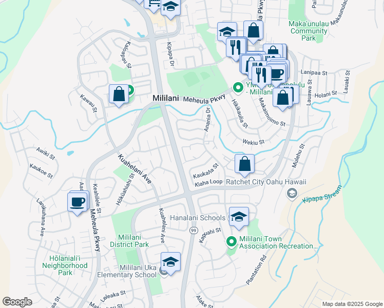 map of restaurants, bars, coffee shops, grocery stores, and more near 94-1081 Anania Circle in Mililani