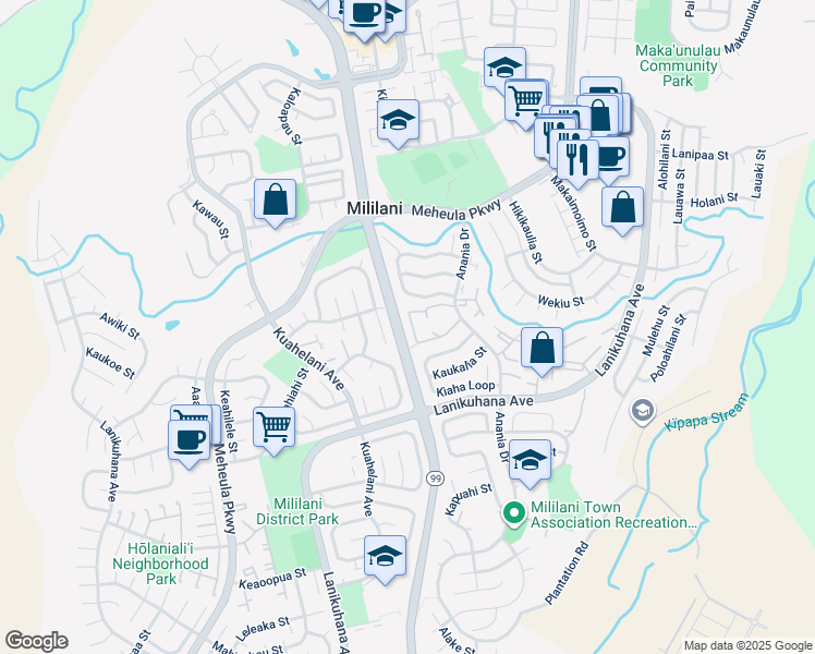 map of restaurants, bars, coffee shops, grocery stores, and more near 94-58 Akualele Place in Mililani