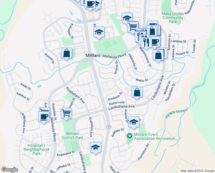 map of restaurants, bars, coffee shops, grocery stores, and more near 94-1081 Anania Circle in Mililani