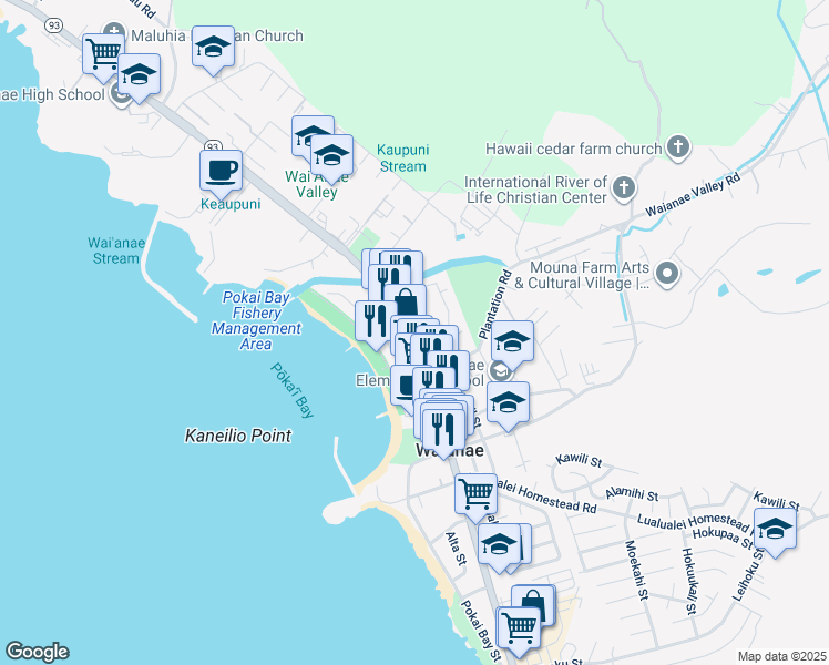 map of restaurants, bars, coffee shops, grocery stores, and more near 85-802 Farrington Highway in Waianae