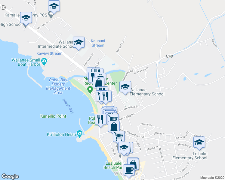 map of restaurants, bars, coffee shops, grocery stores, and more near 85-824 Lihue Street in Waianae