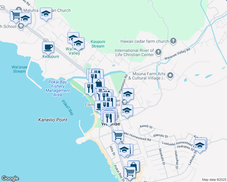 map of restaurants, bars, coffee shops, grocery stores, and more near 85-824 Lihue Street in Waianae