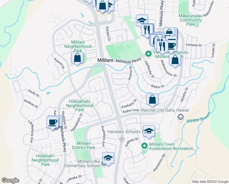 map of restaurants, bars, coffee shops, grocery stores, and more near 94-58 Akualele Place in Mililani