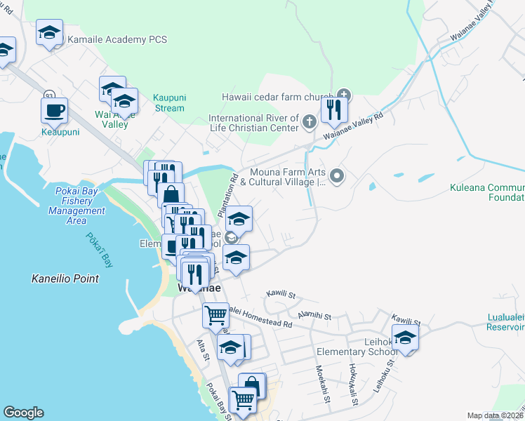 map of restaurants, bars, coffee shops, grocery stores, and more near 85-329 Alohiki Street in Waianae