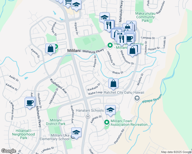 map of restaurants, bars, coffee shops, grocery stores, and more near 94-112 Anania Drive in Mililani