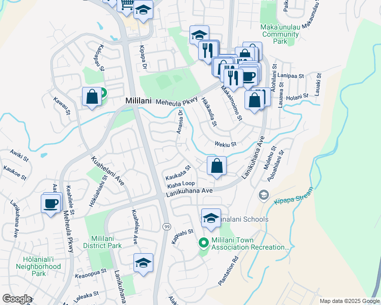 map of restaurants, bars, coffee shops, grocery stores, and more near 94-104 Anania Drive in Mililani