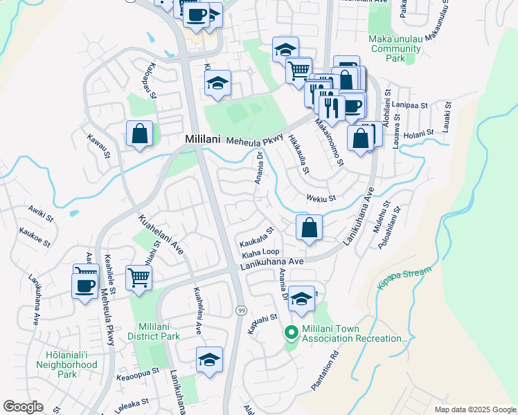 map of restaurants, bars, coffee shops, grocery stores, and more near 94-121 Kiaha Loop in Mililani