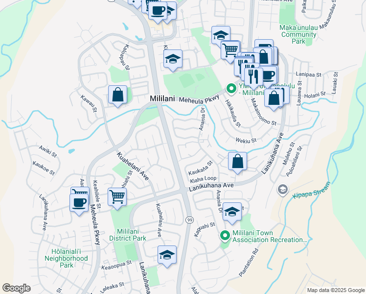 map of restaurants, bars, coffee shops, grocery stores, and more near 94-1081 Anania Circle in Mililani