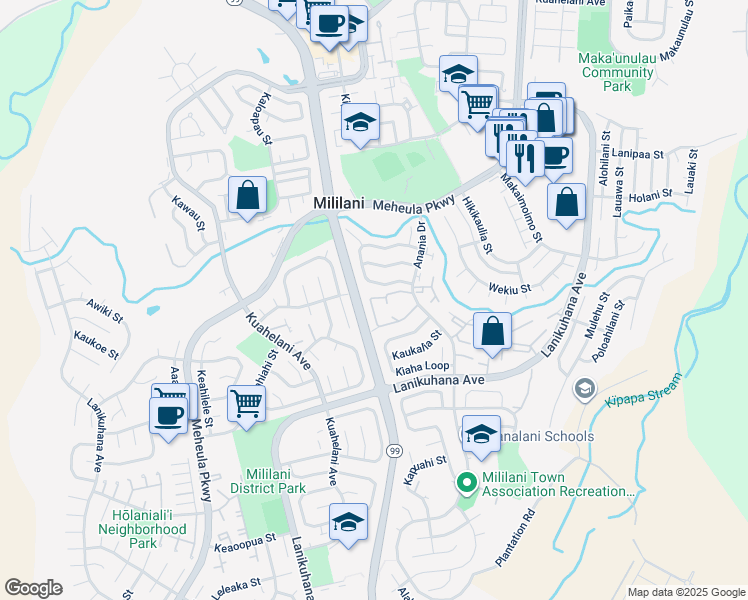 map of restaurants, bars, coffee shops, grocery stores, and more near 94-1081 Anania Circle in Mililani