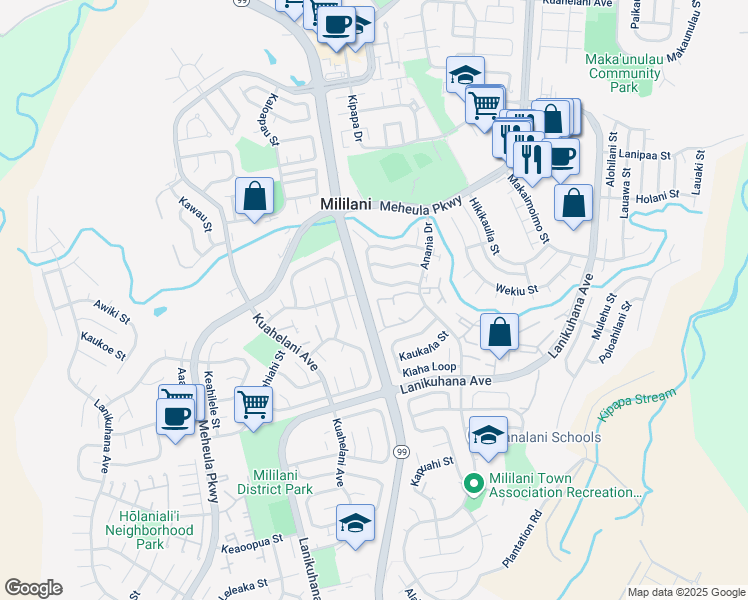 map of restaurants, bars, coffee shops, grocery stores, and more near 94-58 Akualele Place in Mililani