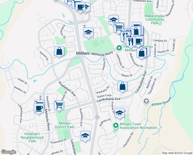 map of restaurants, bars, coffee shops, grocery stores, and more near 94-1081 Anania Circle in Mililani