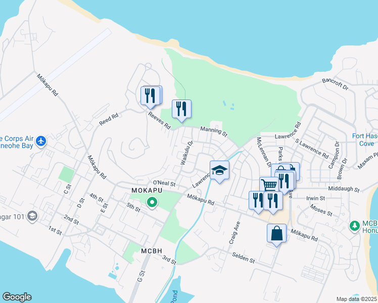 map of restaurants, bars, coffee shops, grocery stores, and more near 3130 Natarte Lane in Kailua