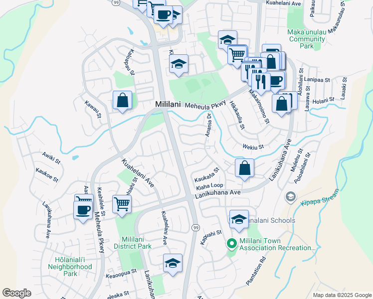map of restaurants, bars, coffee shops, grocery stores, and more near 94-1081 Anania Circle in Mililani