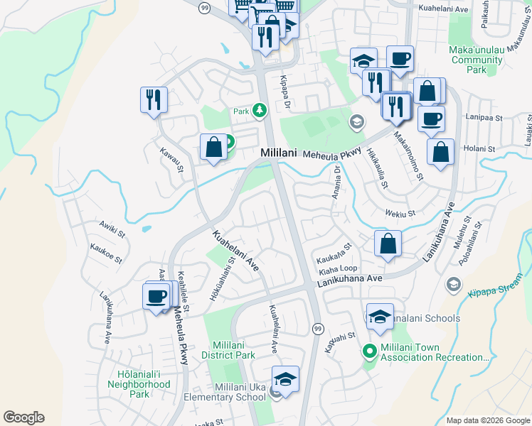 map of restaurants, bars, coffee shops, grocery stores, and more near 94-12 Hokupalemo Place in Mililani