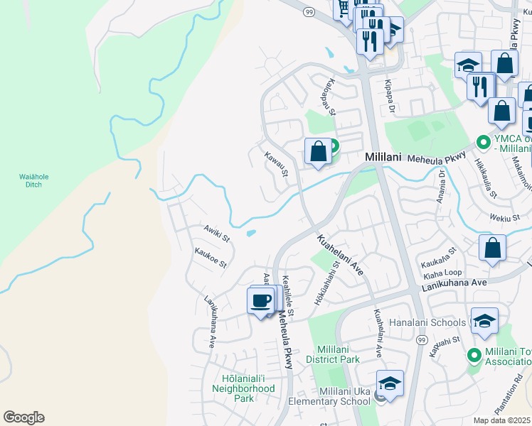 map of restaurants, bars, coffee shops, grocery stores, and more near 95-33 Kahoea Street in Mililani