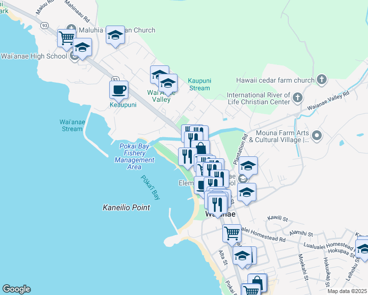 map of restaurants, bars, coffee shops, grocery stores, and more near 85-749 Kanapua Place in Waianae