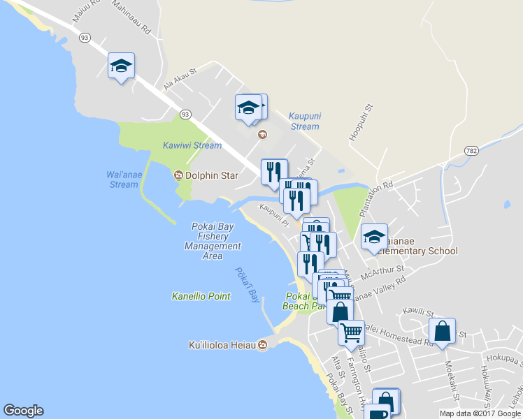 map of restaurants, bars, coffee shops, grocery stores, and more near 85-711 Kaupuni Place in Waianae