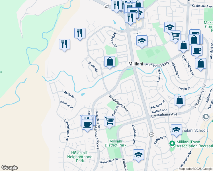 map of restaurants, bars, coffee shops, grocery stores, and more near 95-015 Kuahelani Avenue in Mililani