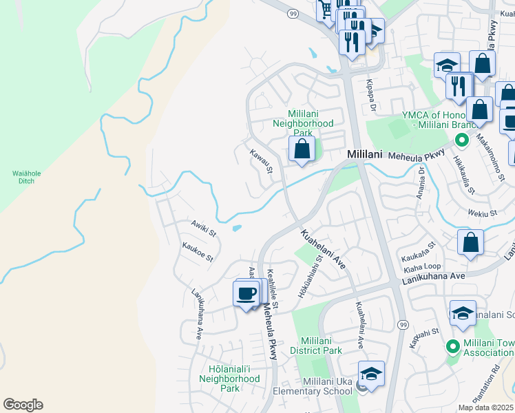 map of restaurants, bars, coffee shops, grocery stores, and more near 95-35 Kahoea Street in Mililani