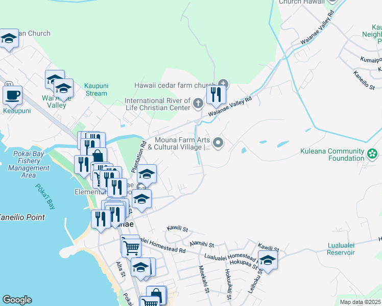 map of restaurants, bars, coffee shops, grocery stores, and more near 85-480 Waianae Valley Road in Waianae