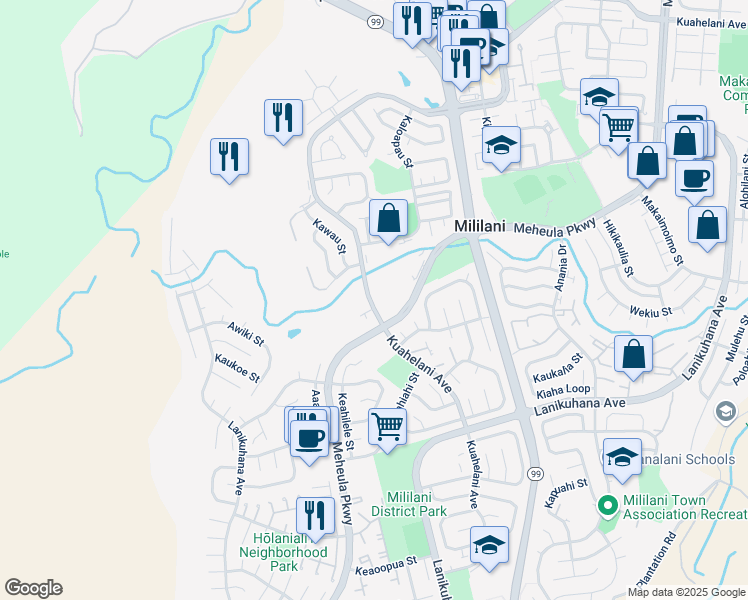 map of restaurants, bars, coffee shops, grocery stores, and more near 95-15 Kuahelani Avenue in Mililani