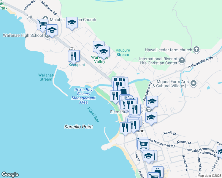 map of restaurants, bars, coffee shops, grocery stores, and more near 85-749 Kanapua Place in Waianae