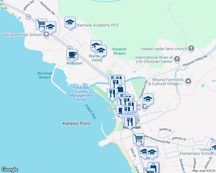 map of restaurants, bars, coffee shops, grocery stores, and more near 85-749 Kanapua Place in Waianae