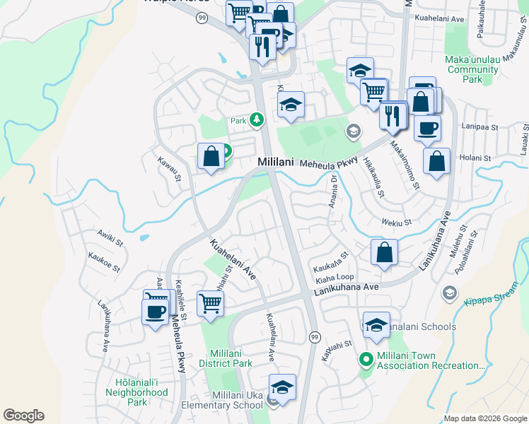 map of restaurants, bars, coffee shops, grocery stores, and more near 94-12 Hokupalemo Place in Mililani