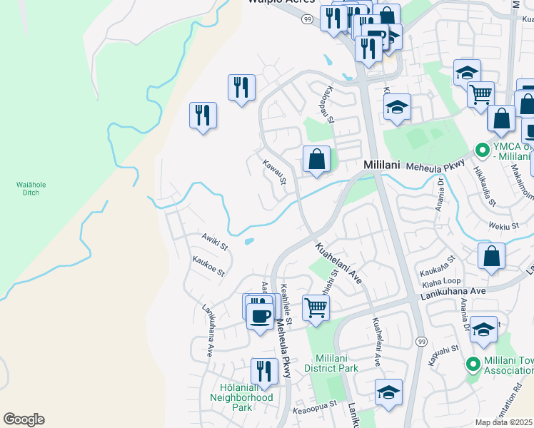 map of restaurants, bars, coffee shops, grocery stores, and more near 95-35 Kahoea Street in Mililani