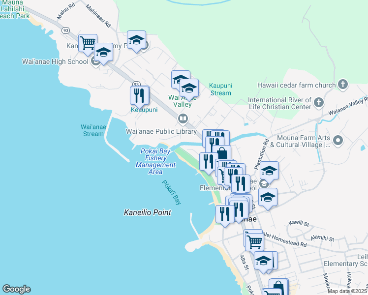 map of restaurants, bars, coffee shops, grocery stores, and more near 85-711 Kaupuni Place in Waianae