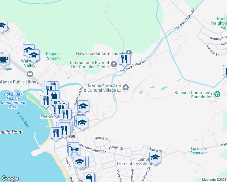map of restaurants, bars, coffee shops, grocery stores, and more near 85-480 Waianae Valley Road in Waianae