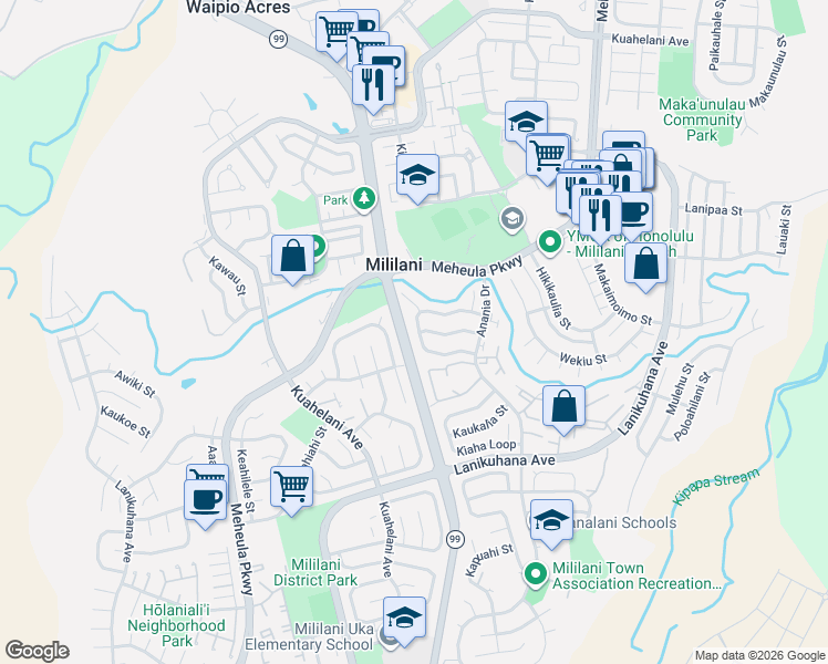 map of restaurants, bars, coffee shops, grocery stores, and more near 94-131 Puanane Loop in Mililani