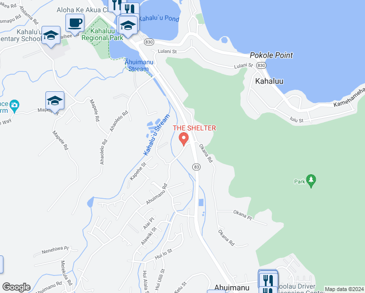 map of restaurants, bars, coffee shops, grocery stores, and more near 47-325 Ahuimanu Road in Kaneohe