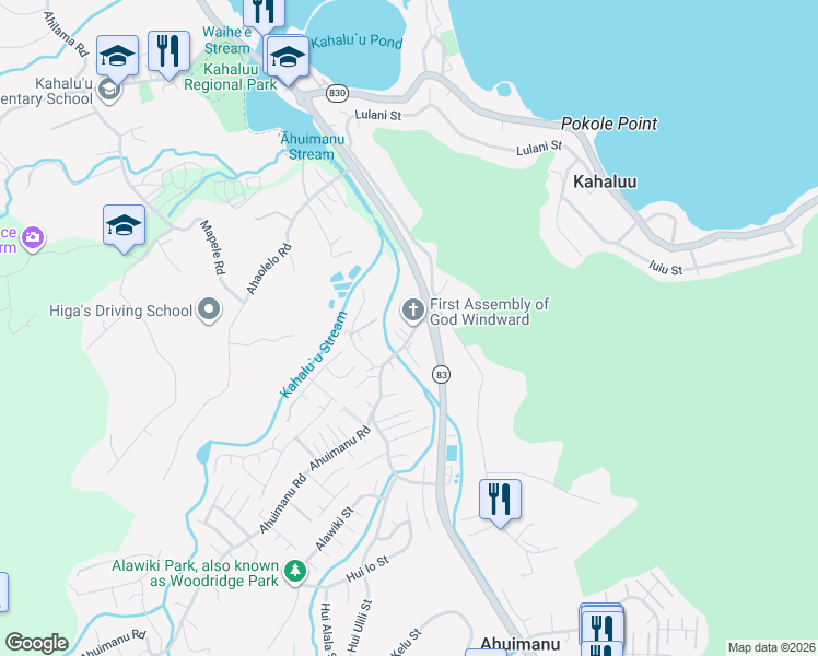 map of restaurants, bars, coffee shops, grocery stores, and more near 47-335 Ahuimanu Road in Kaneohe