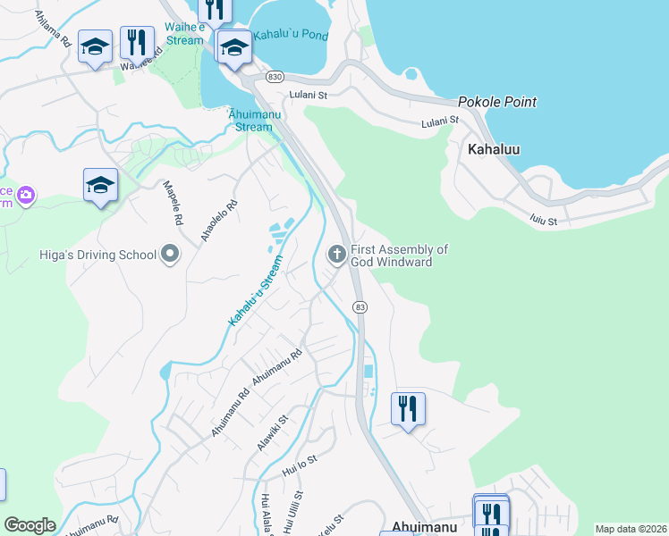 map of restaurants, bars, coffee shops, grocery stores, and more near 47-325 Ahuimanu Road in Kaneohe
