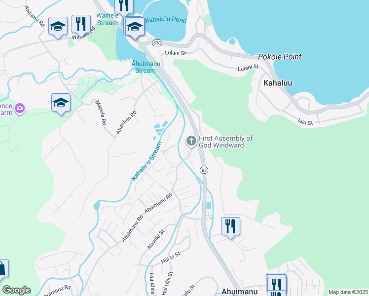 map of restaurants, bars, coffee shops, grocery stores, and more near 47-335 Ahuimanu Road in Kaneohe