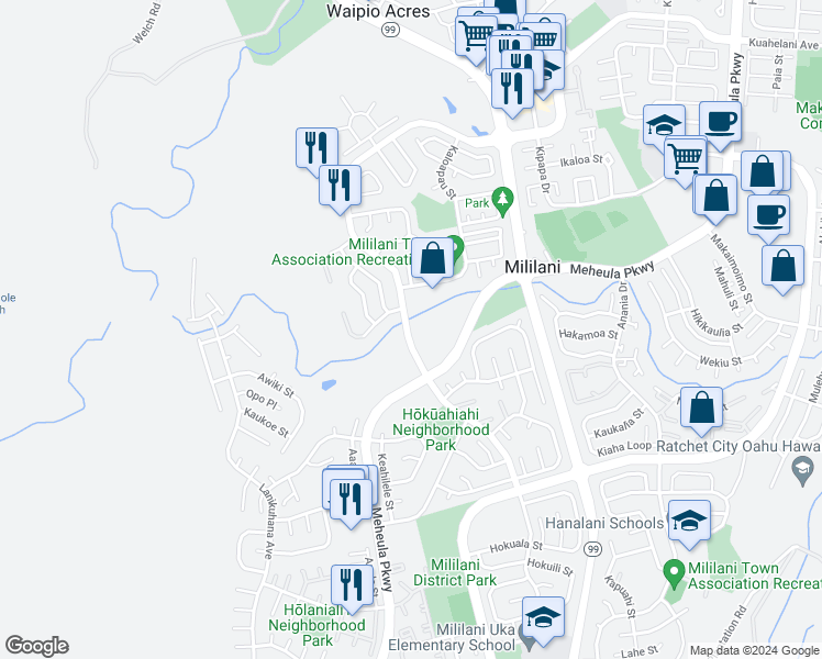 map of restaurants, bars, coffee shops, grocery stores, and more near 95-33 Kuahelani Avenue in Mililani