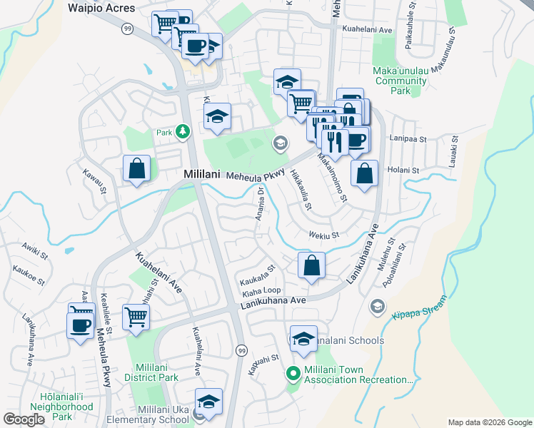 map of restaurants, bars, coffee shops, grocery stores, and more near 94-67 Anania Drive in Mililani
