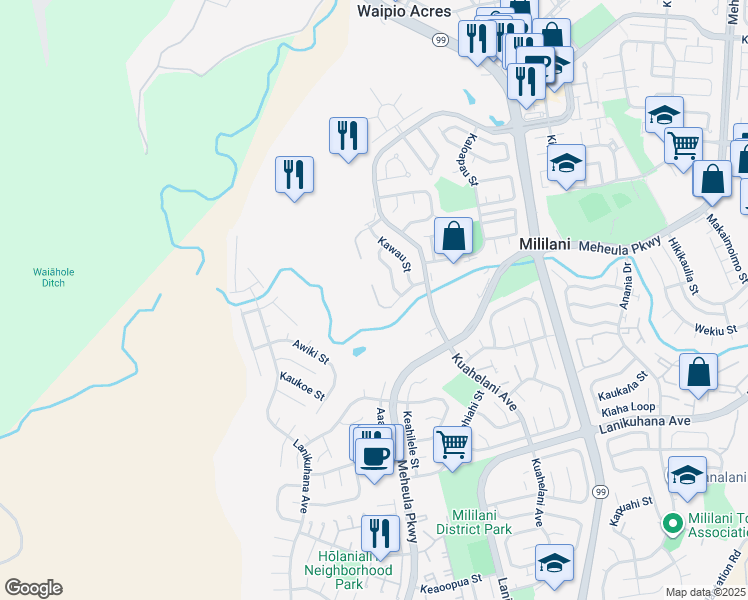 map of restaurants, bars, coffee shops, grocery stores, and more near 95-25 Kahoea Street in Mililani