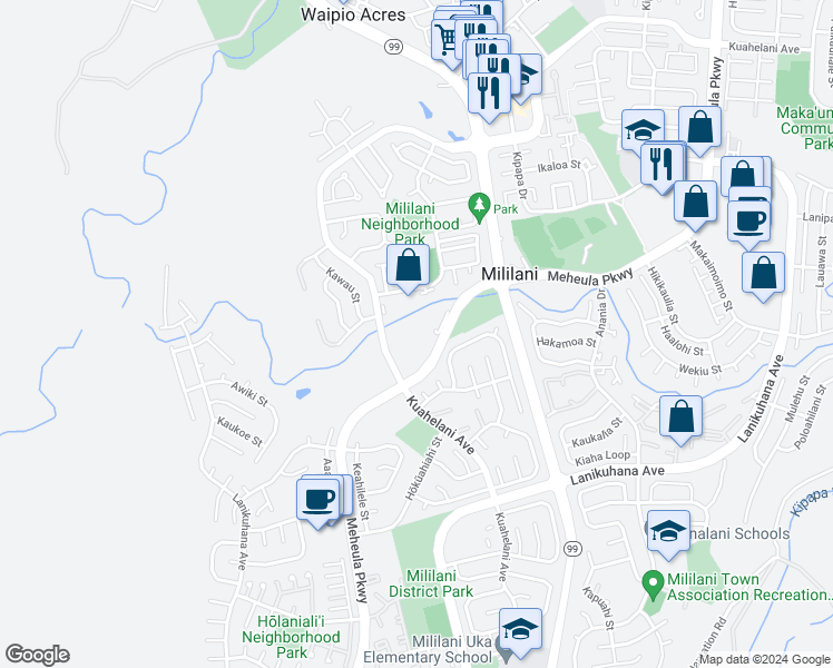 map of restaurants, bars, coffee shops, grocery stores, and more near 95-015 Kuahelani Avenue in Mililani